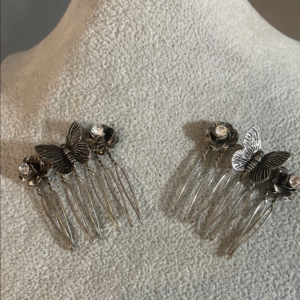 Vintage Silver tone and gunmetal Butterfly Hair Combs with Rhinestones 1.5”L - Picture 3 of 10